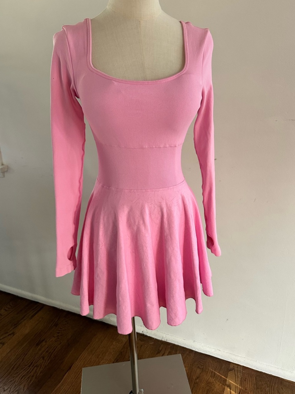 Pink Long Sleeve Skater Dress Tennis Lined Athletic Mini Open Back Crisscross